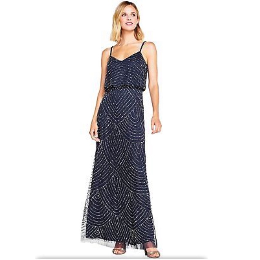 Adrianna Papell Gray Silver Beaded Long Gown Dress Blouson 8 Vneck Lined Formal